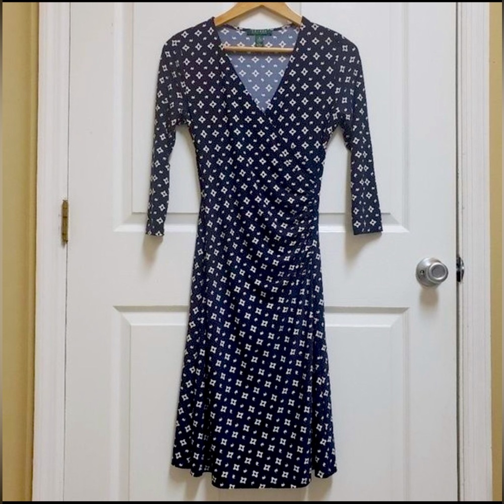 LAUREN RALPH LAUREN S Navy White Jersey Knit Ruched Faux Wrap Dress